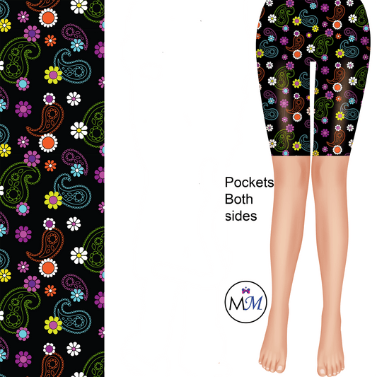 Black Paisley Colorful Shorts Leggings with pockets MM