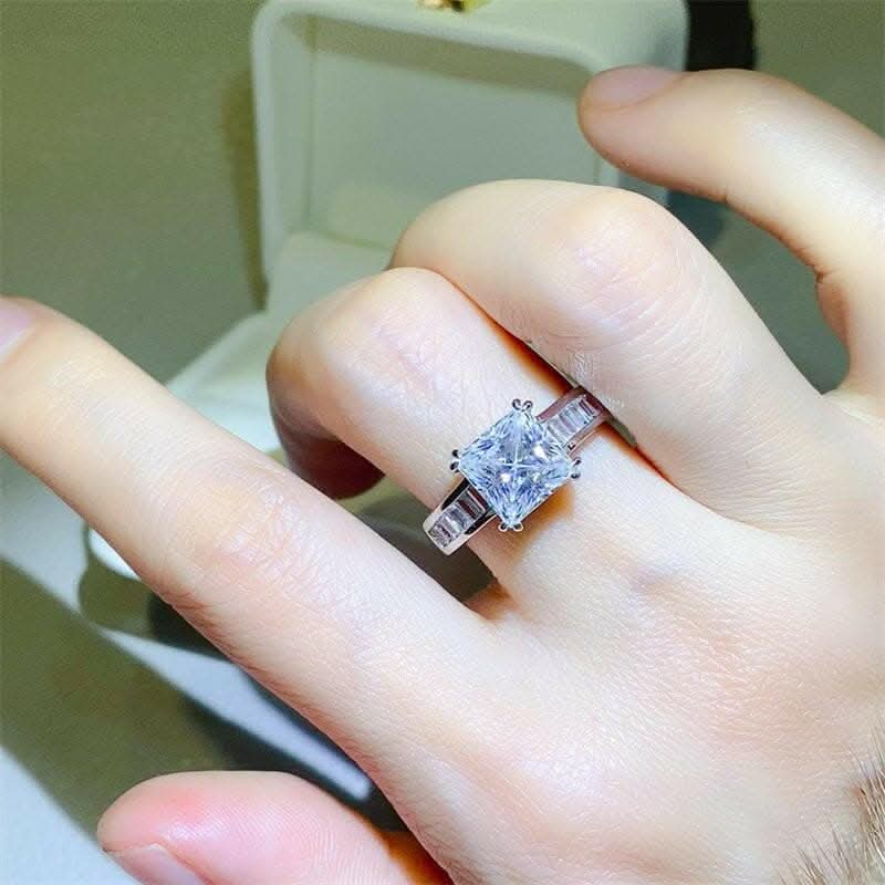 Luxurious 3 Carat Moissanite Square Ring in 925 Sterling Silver on hand