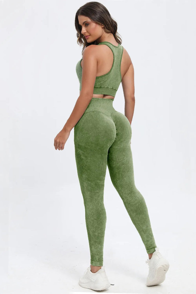 3 Piece Washed Square Neck Wide Strap Active Set for Women - Love Salve 