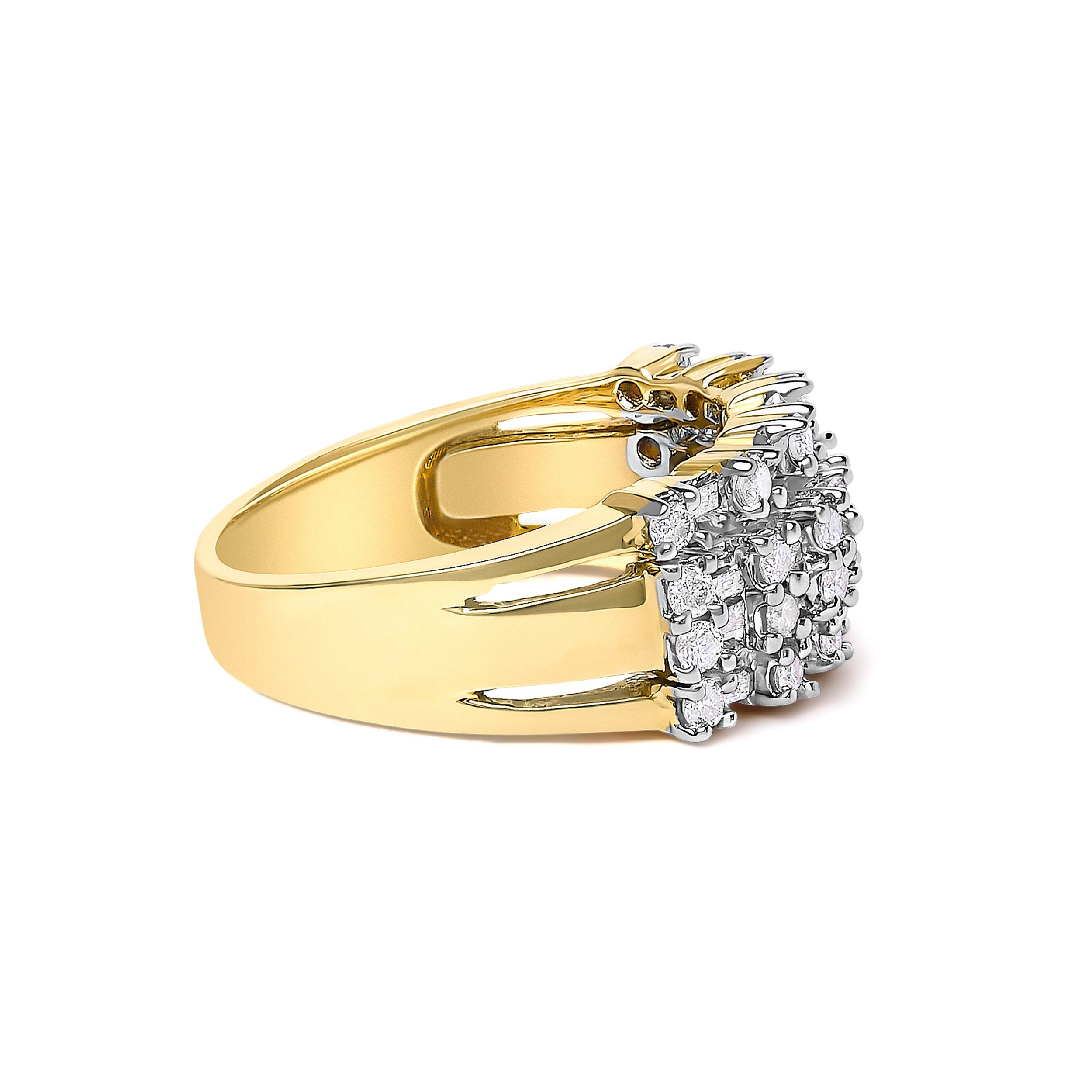 14K Yellow Gold 1.0 Cttw Round and Baguette Diamond Multi-Row Band Ring
