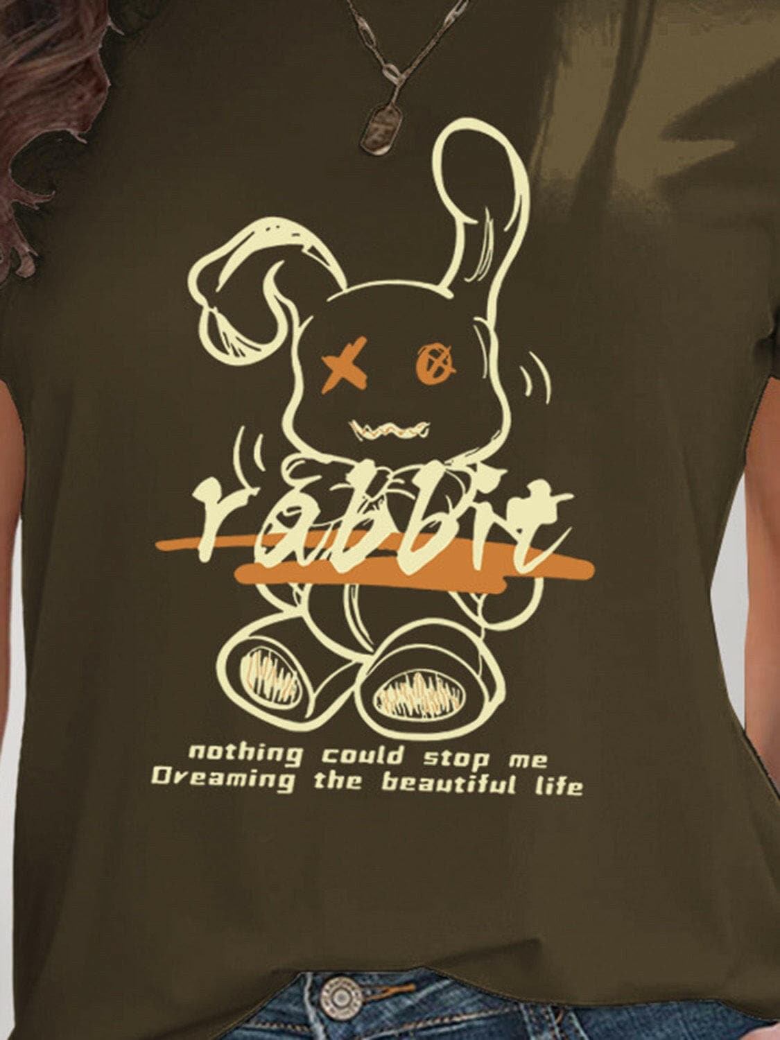 Rabbit Graphic Round Neck Short Sleeve T-Shirt.