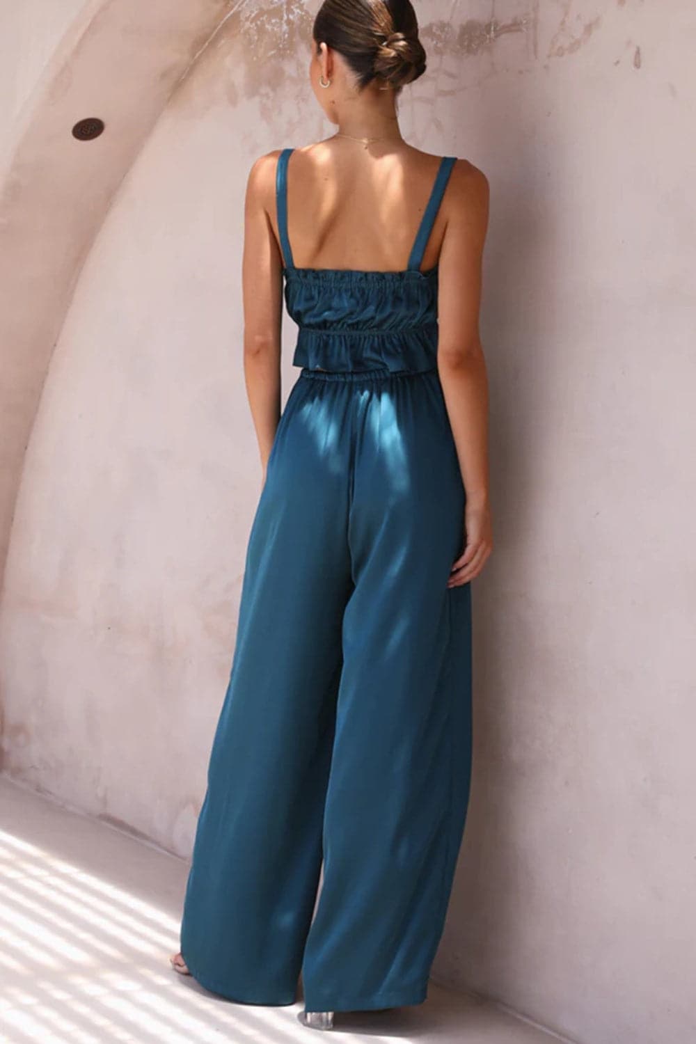 Ruffled Sleeveless Top and Wide Leg Pants Set.