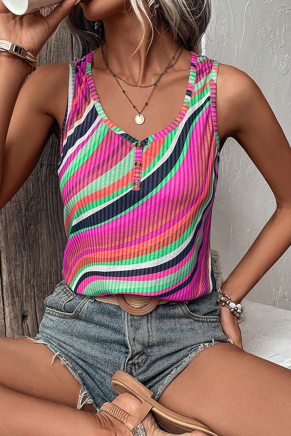 Chic purple striped v-neck tank top with button detailing