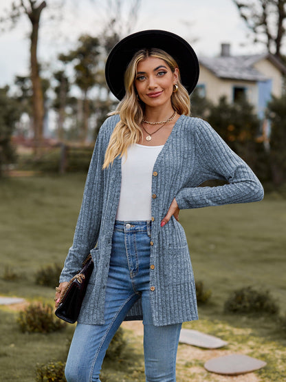 Ribbed Button-Up Cardigan with Pockets.