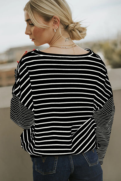 Chic black striped patchwork long sleeve tee for effortless style