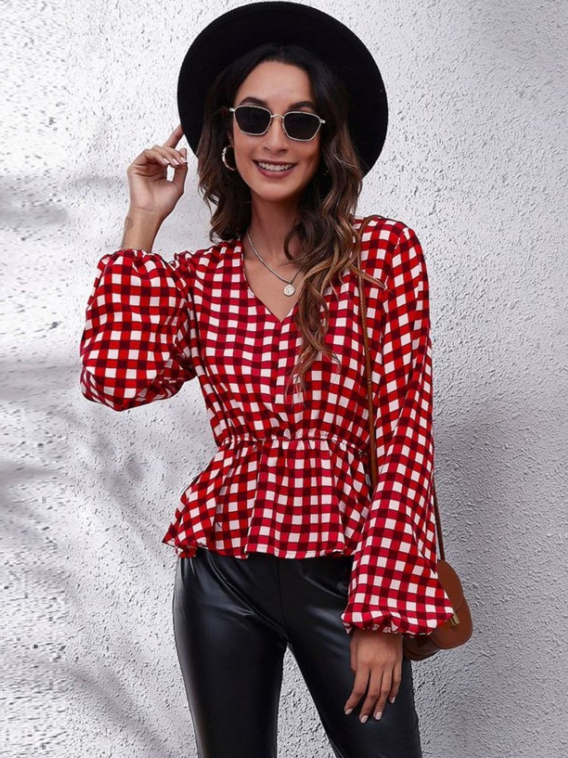 Ruched Printed V-Neck Long Sleeve Blouse.