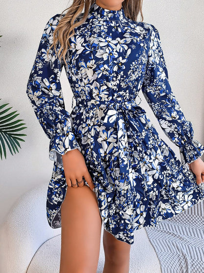 Printed Mock Neck Flounce Sleeve Mini Dress.