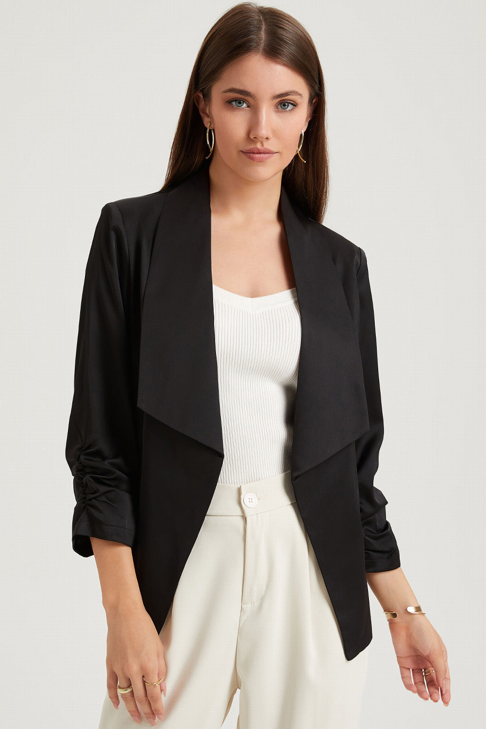 Elegant black satin blazer with lapel collar