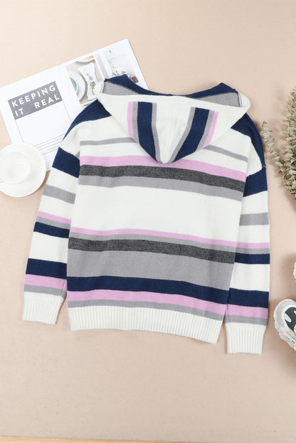 Cozy Plus Size Hooded Striped Knit Sweater