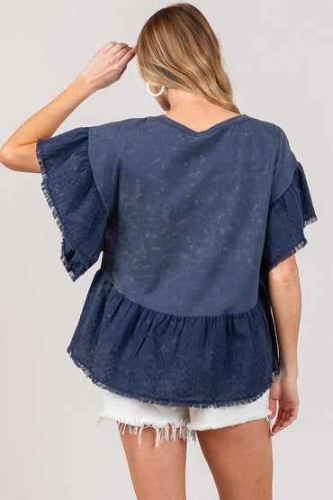 SAGE + FIG Ruffle Sleeve Washed Short Sleeve Blouse.