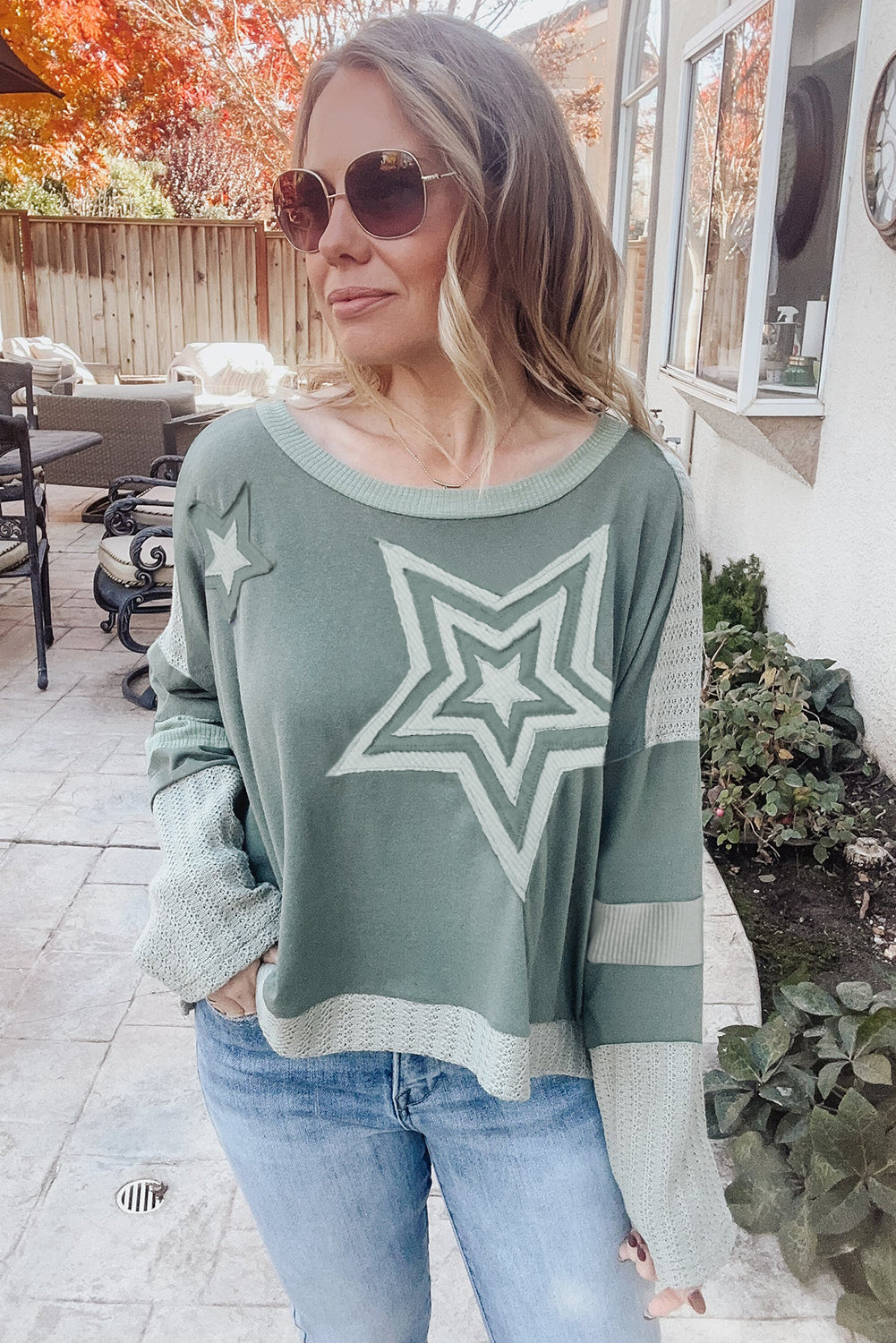 Mist green starry patchwork plus size t-shirt with round neckline