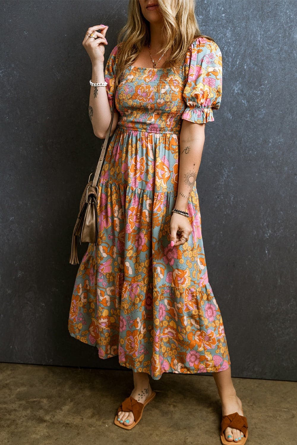 Smocked Printed Short Sleeve Dress.