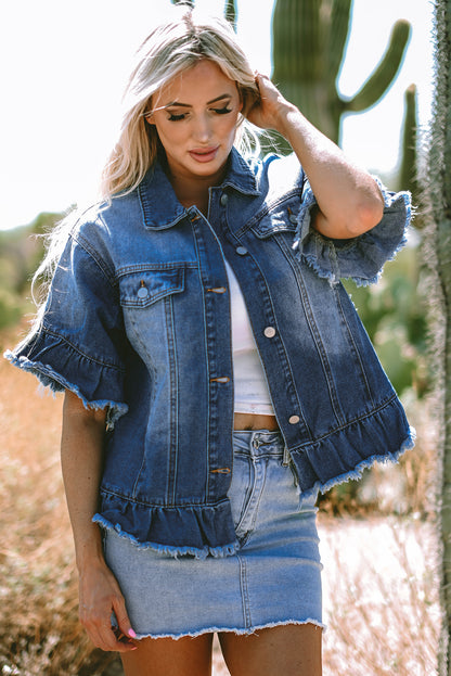 Peacock blue ruffled denim jacket