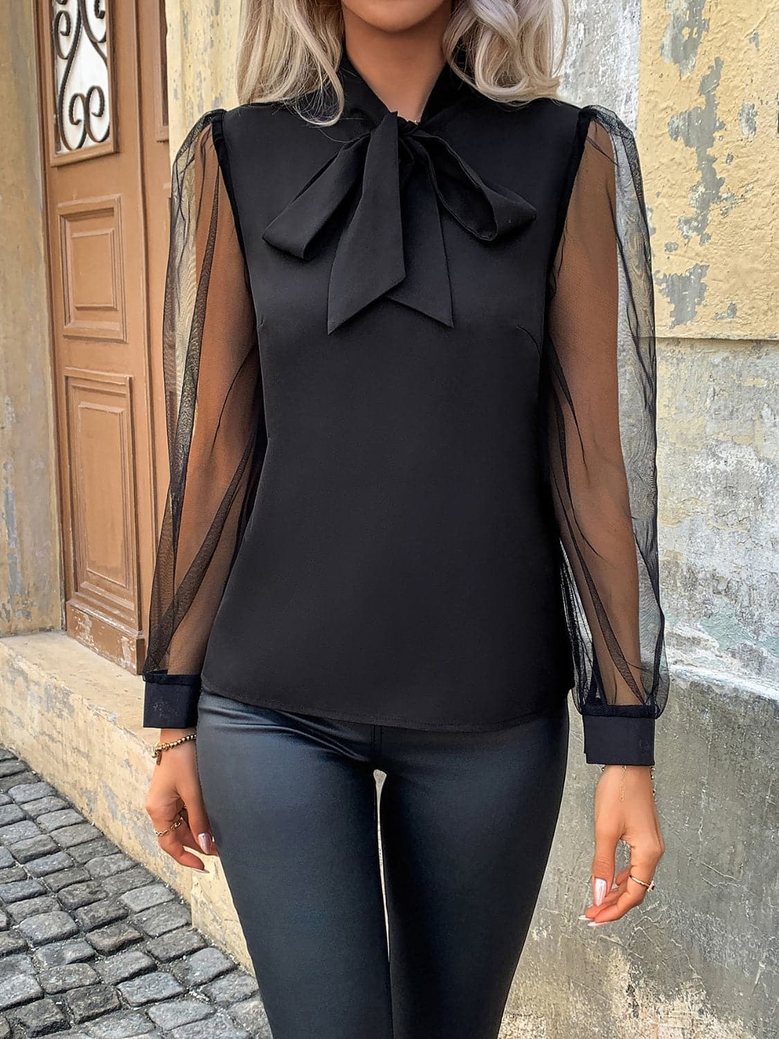 Tie Neck Long Sleeve Blouse.