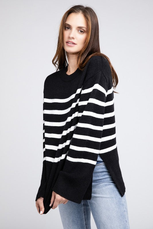 Ribbed hem striped sweater - cozy chic