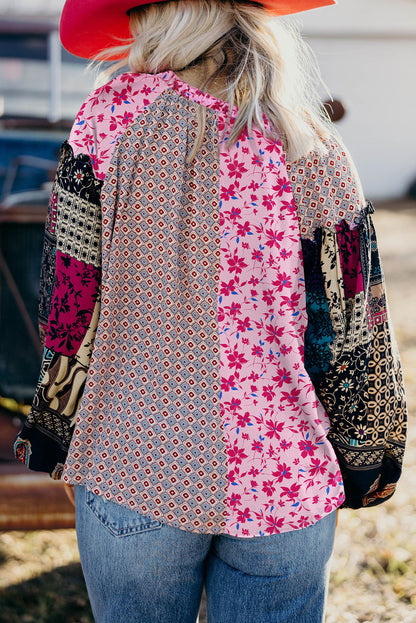Premium Pink Boho Mixed Floral Drop Shoulder Bubble Sleeve Blouse