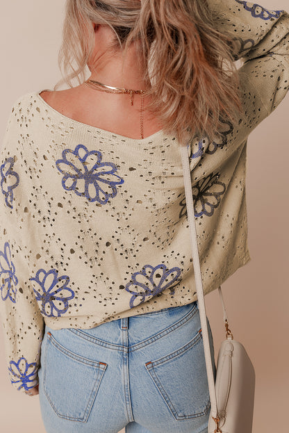 Beige floral eyelet drop shoulder sweater with contrast print