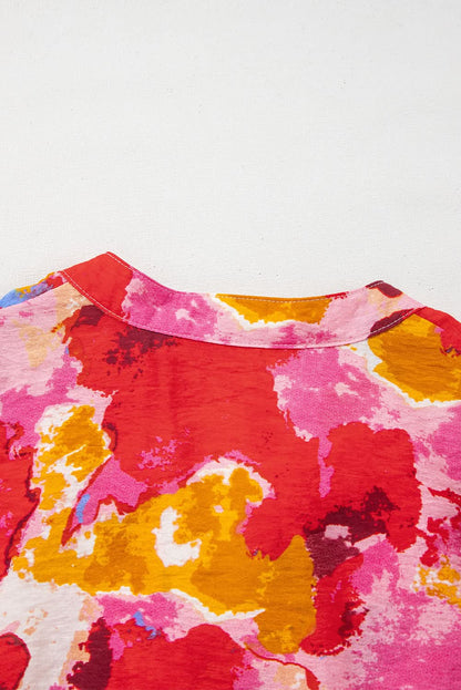 Red Ruffled V Neck Blouse with Abstract Print