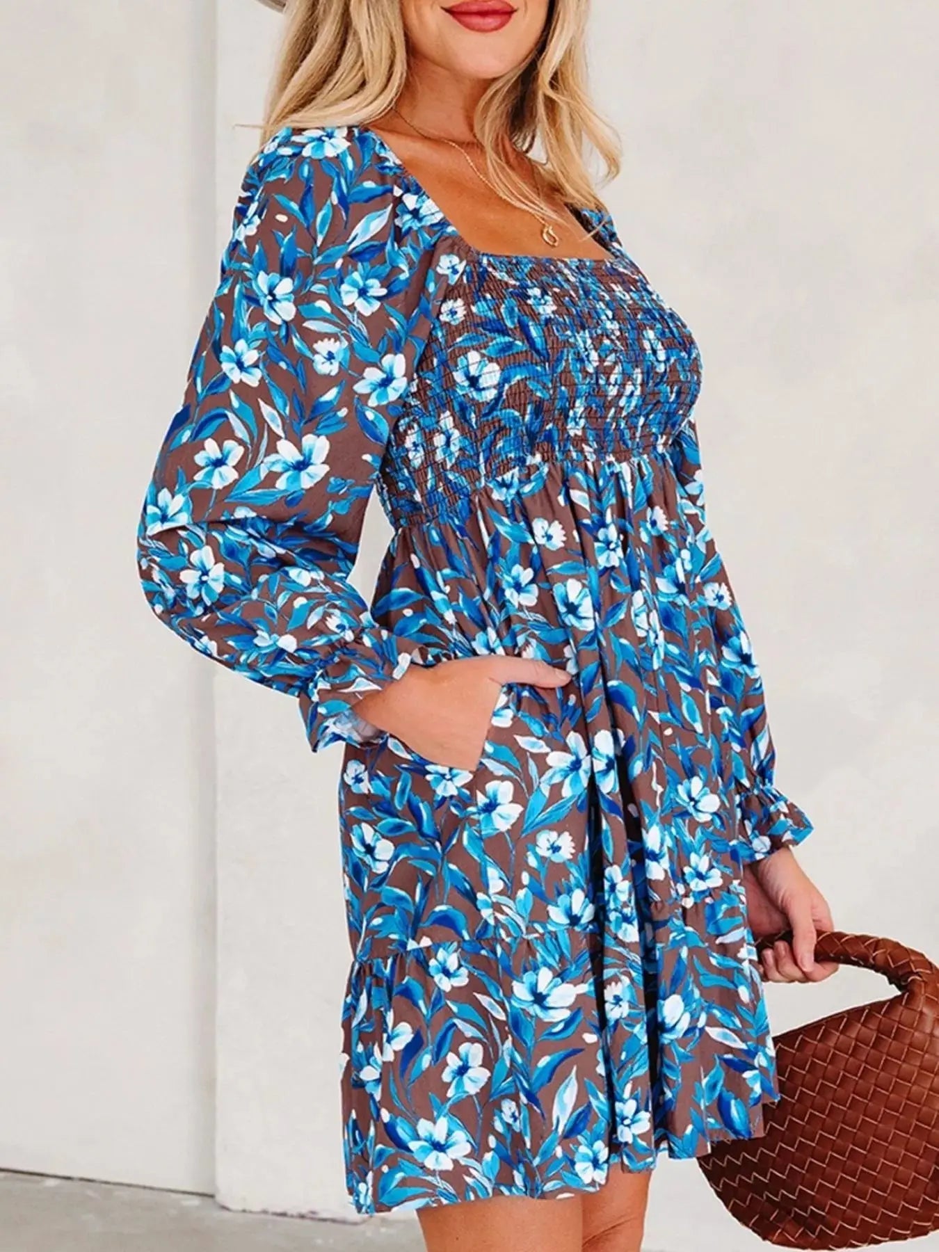 Smocked Bodice High Waist Ruffled Sleeve Floral Dress Simply Love