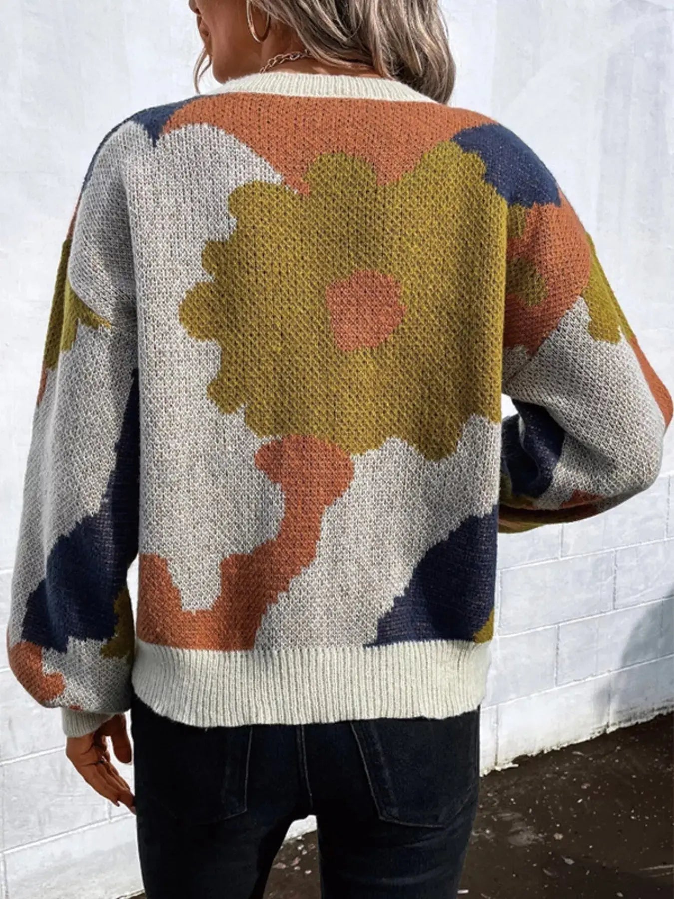 Floral Pattern Round Neck Sweater Simply Love
