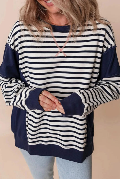 Chic striped long sleeve sweatshirt with exposed seams