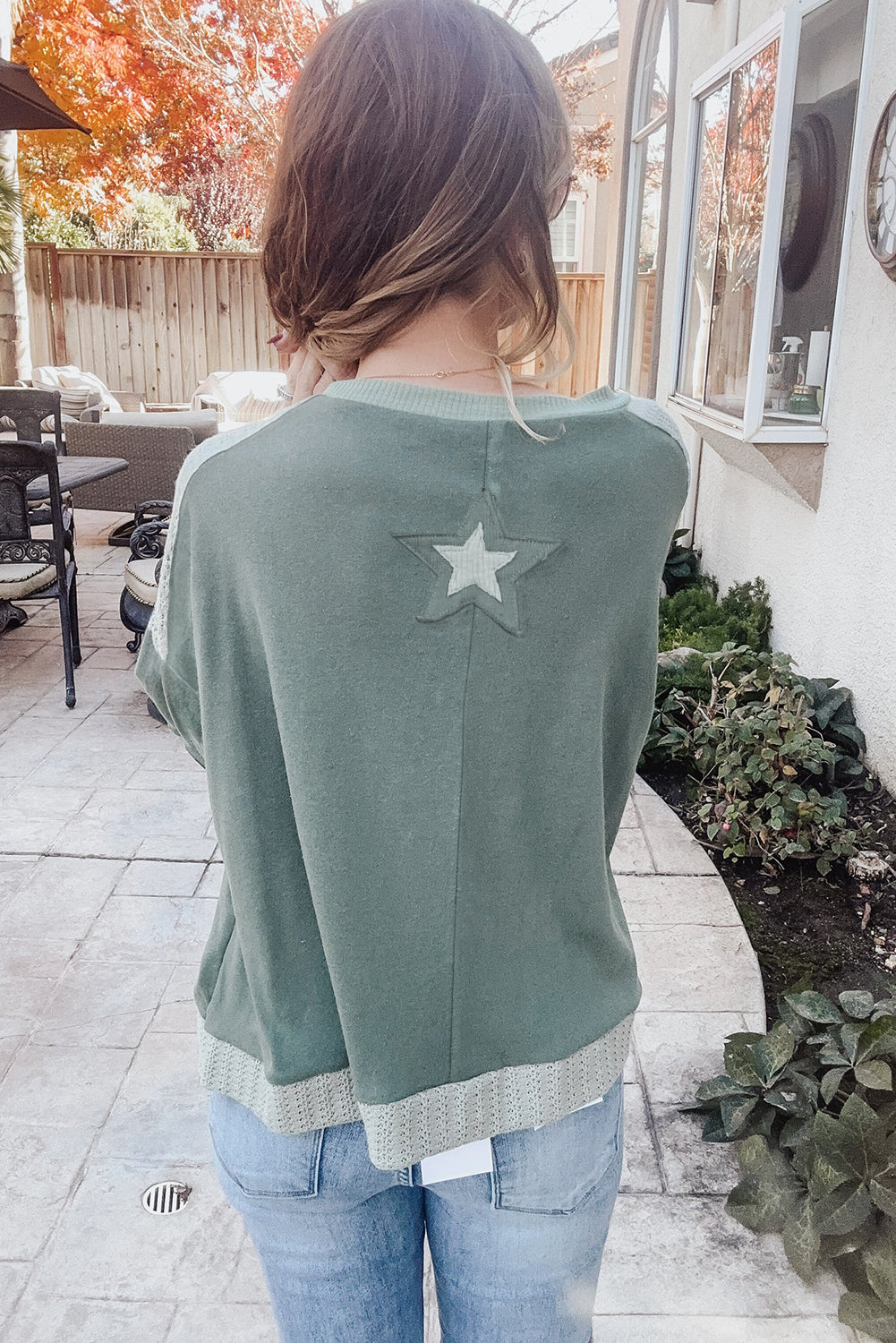 Mist green starry patchwork plus size t-shirt with round neckline