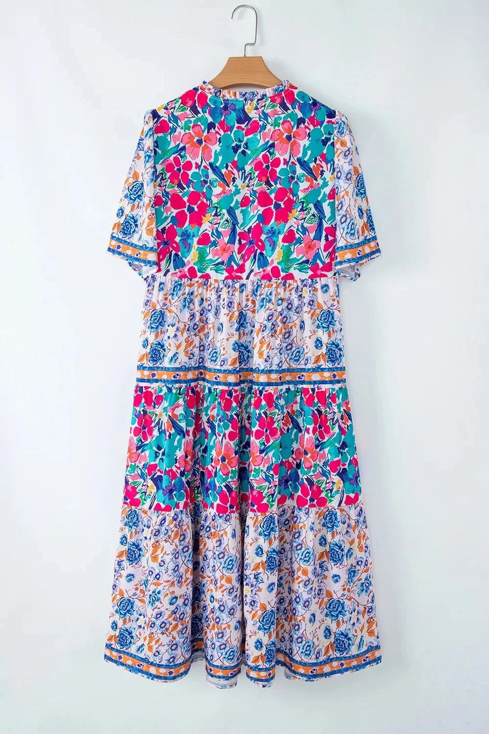 Mixed Floral Print Tie Neck Short Sleeve Dress Simply Love