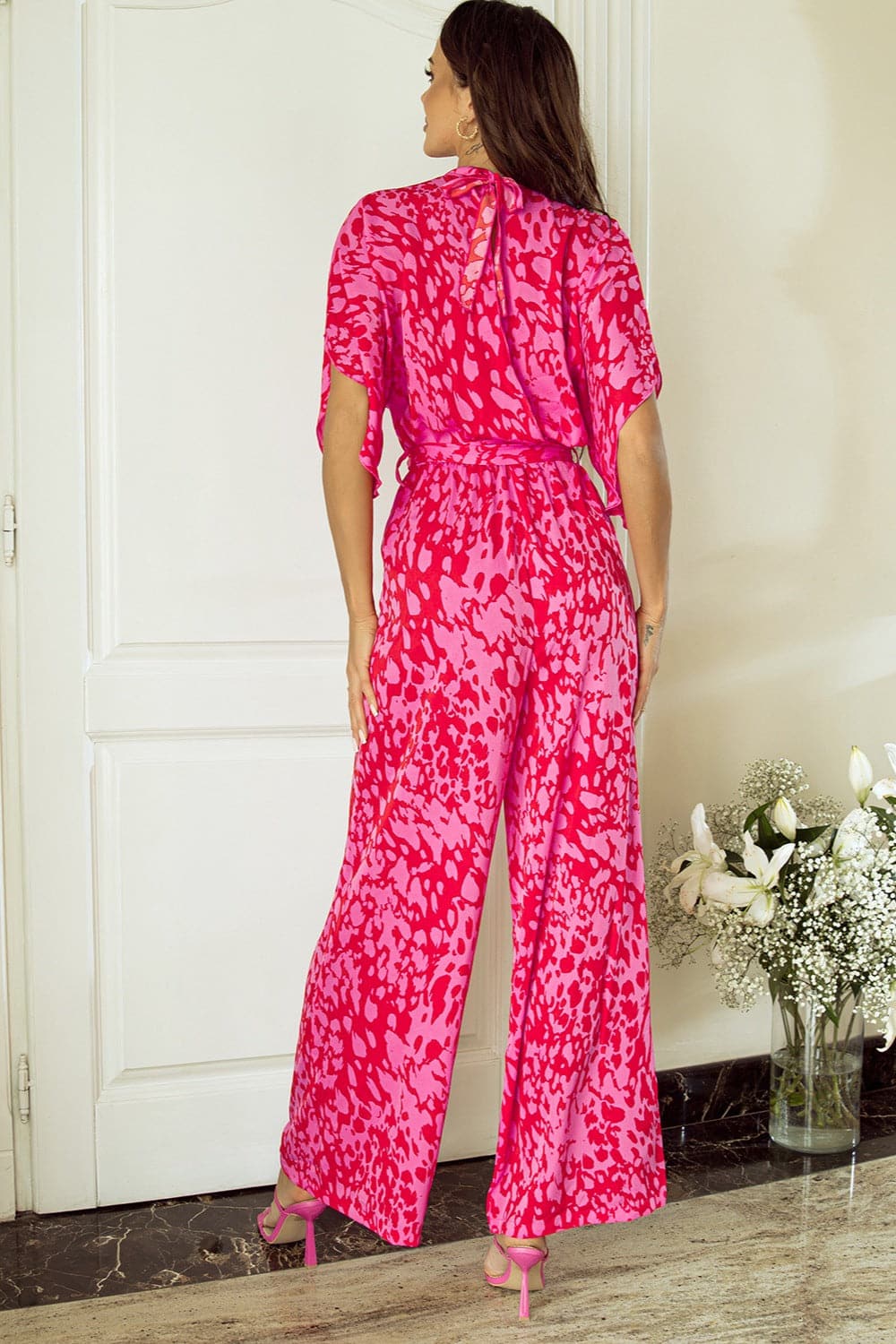 Printed Mock Neck Kimono Sleeve Jumpsuit.