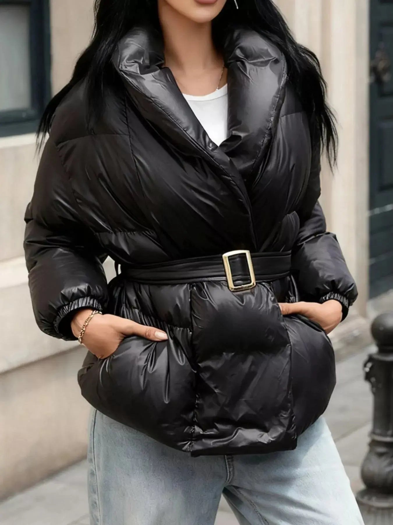 Long Sleeve Belted Puffer Jacket Simply Love
