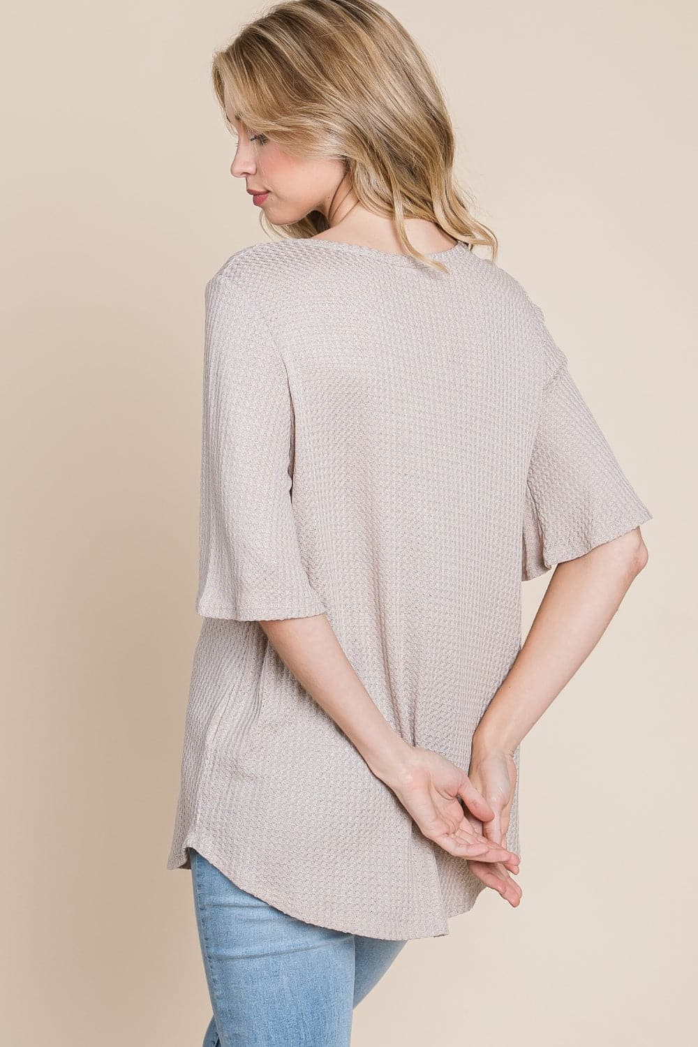 BOMBOM Round Neck Waffle Knit T-Shirt.