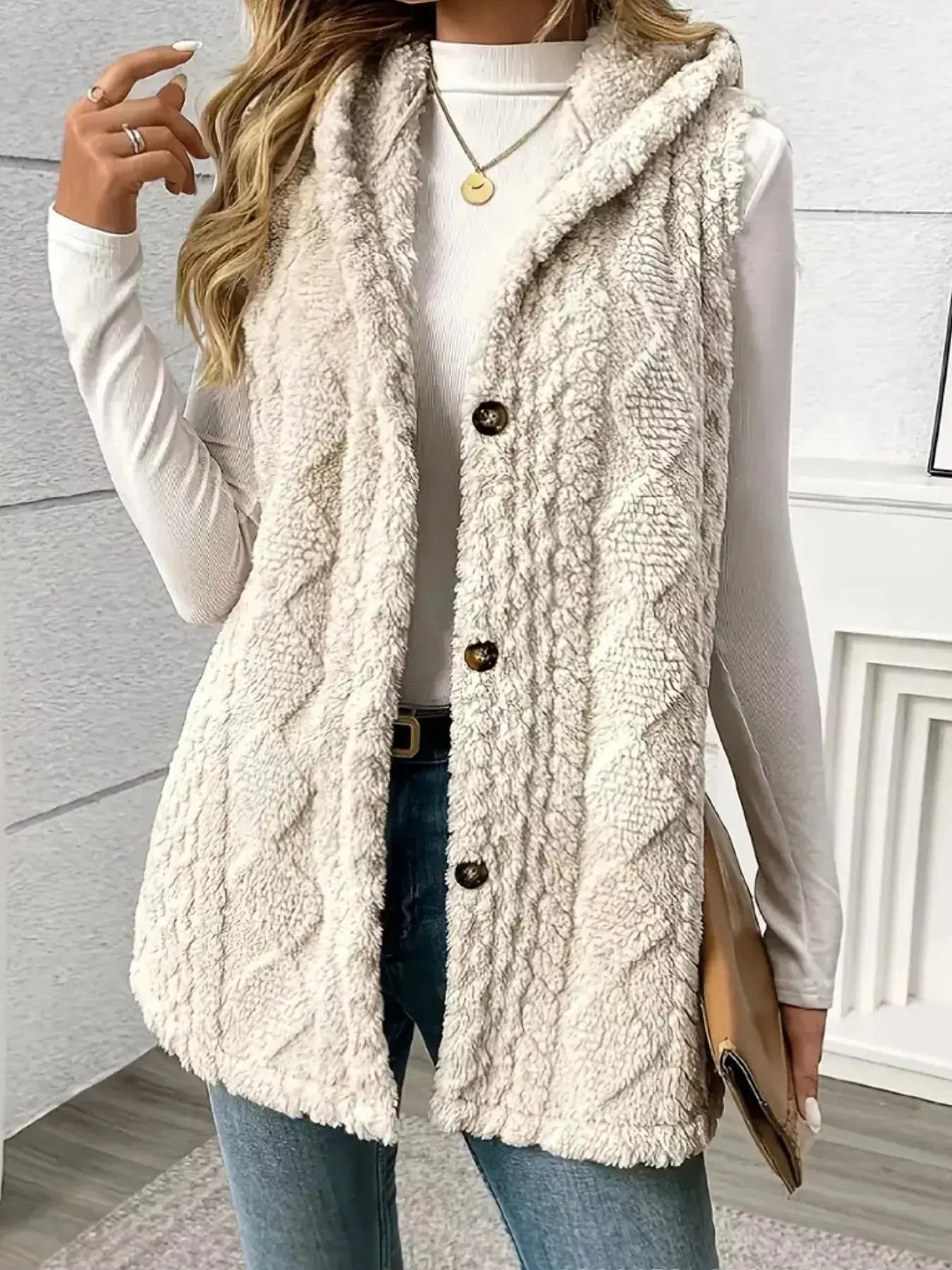 Hooded Button-Up Sherpa Vest Coat Simply Love