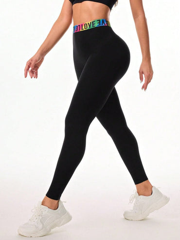 Letter Printed High Waist Active Leggings.