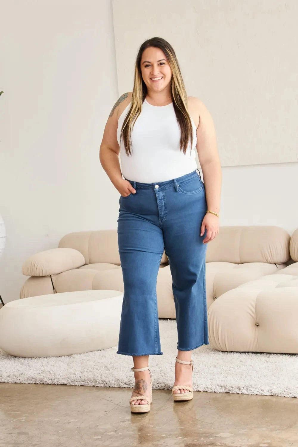 RFM Crop Chloe Full Size Tummy Control High Waist Raw Hem Jeans Coco’s Tee Boutique