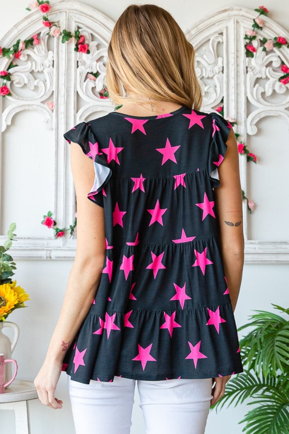 Heimish Full Size Round Neck Star Tiered Top.