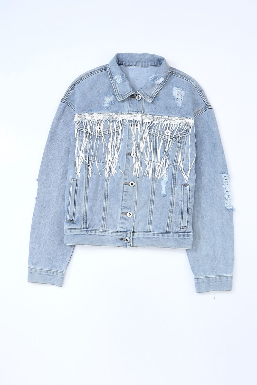 Sequin Fringe Trim Distressed Button Up Denim Jacket