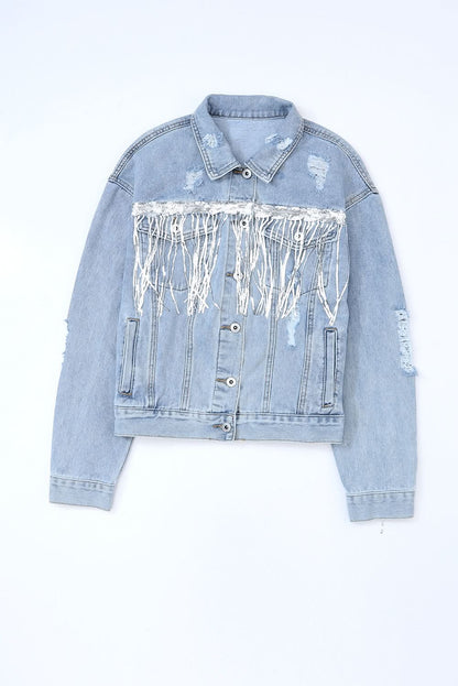 Sequin Fringe Trim Distressed Button Up Denim Jacket