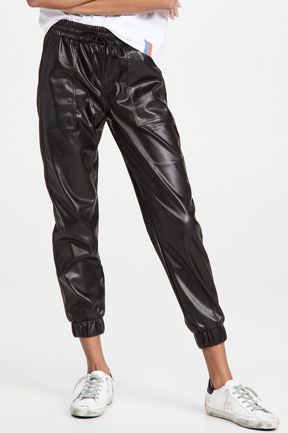 Chic black faux leather joggers with smocked waist and drawstring detail