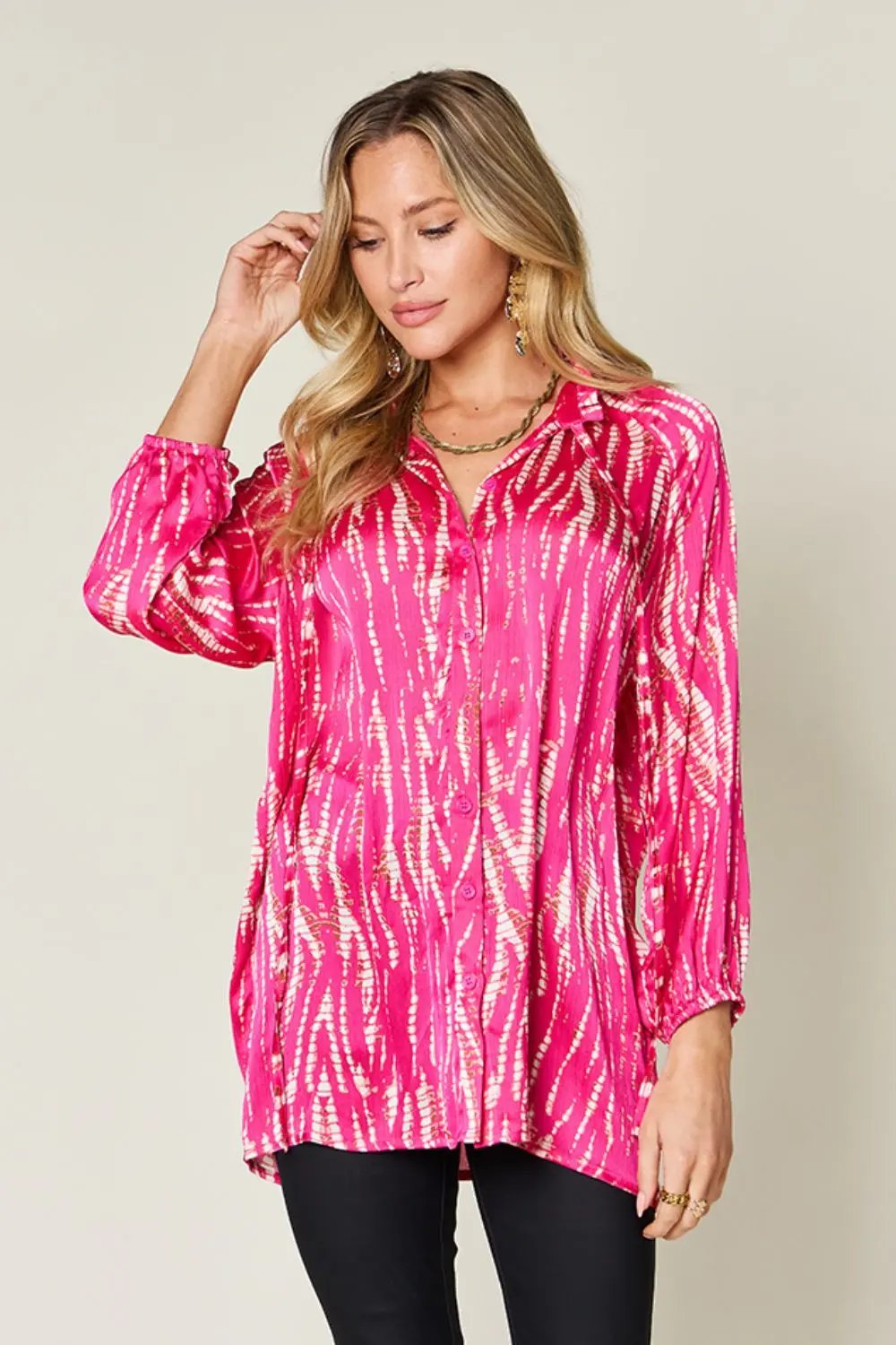 Double Take Full Size Printed Button Up Long Sleeve Shirt - Love Salve