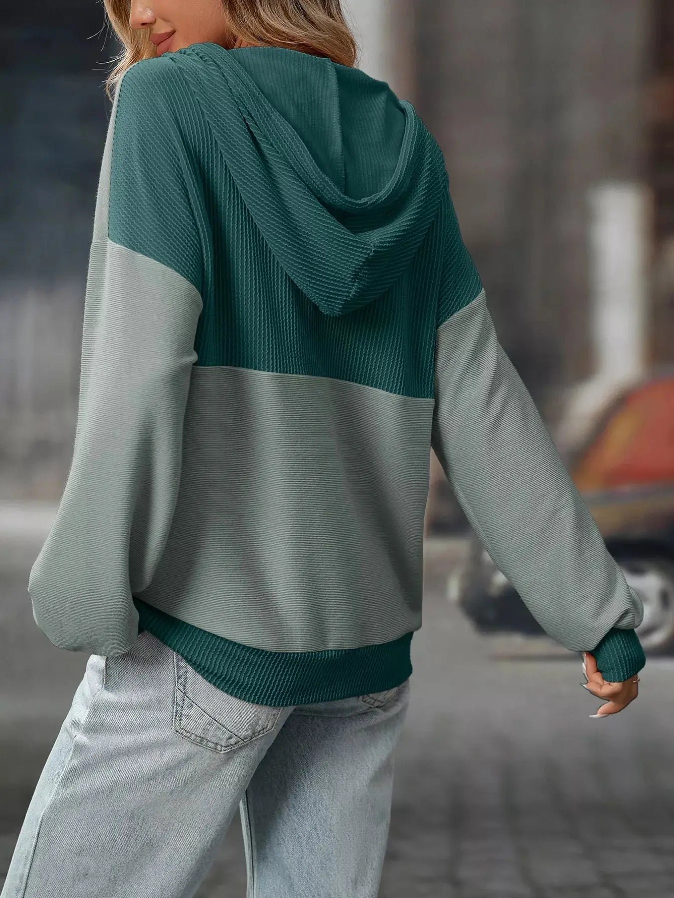 Casual Color Block Button Detail Hoodie Simply Love