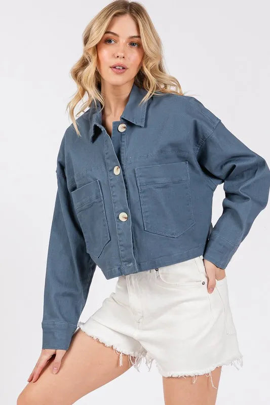 Bytos Button Down Cropped Denim Jacket With Patch Pockets - Love Salve 