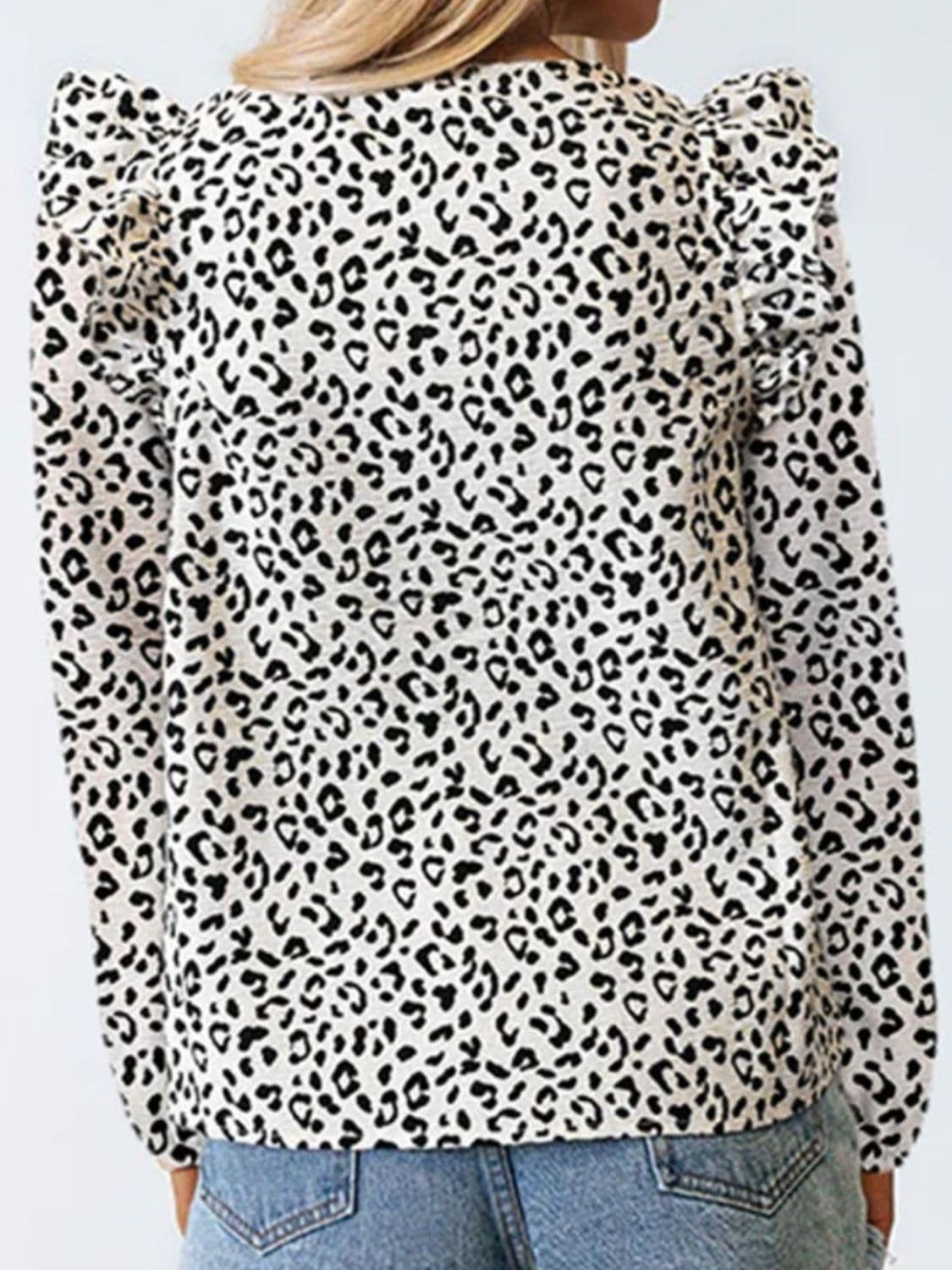 Ruffled Leopard Notched Long Sleeve Blouse.