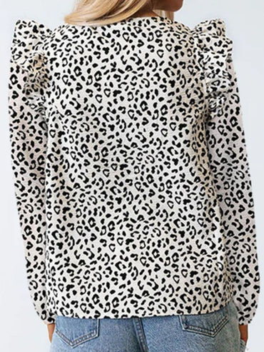 Ruffled Leopard Notched Long Sleeve Blouse.