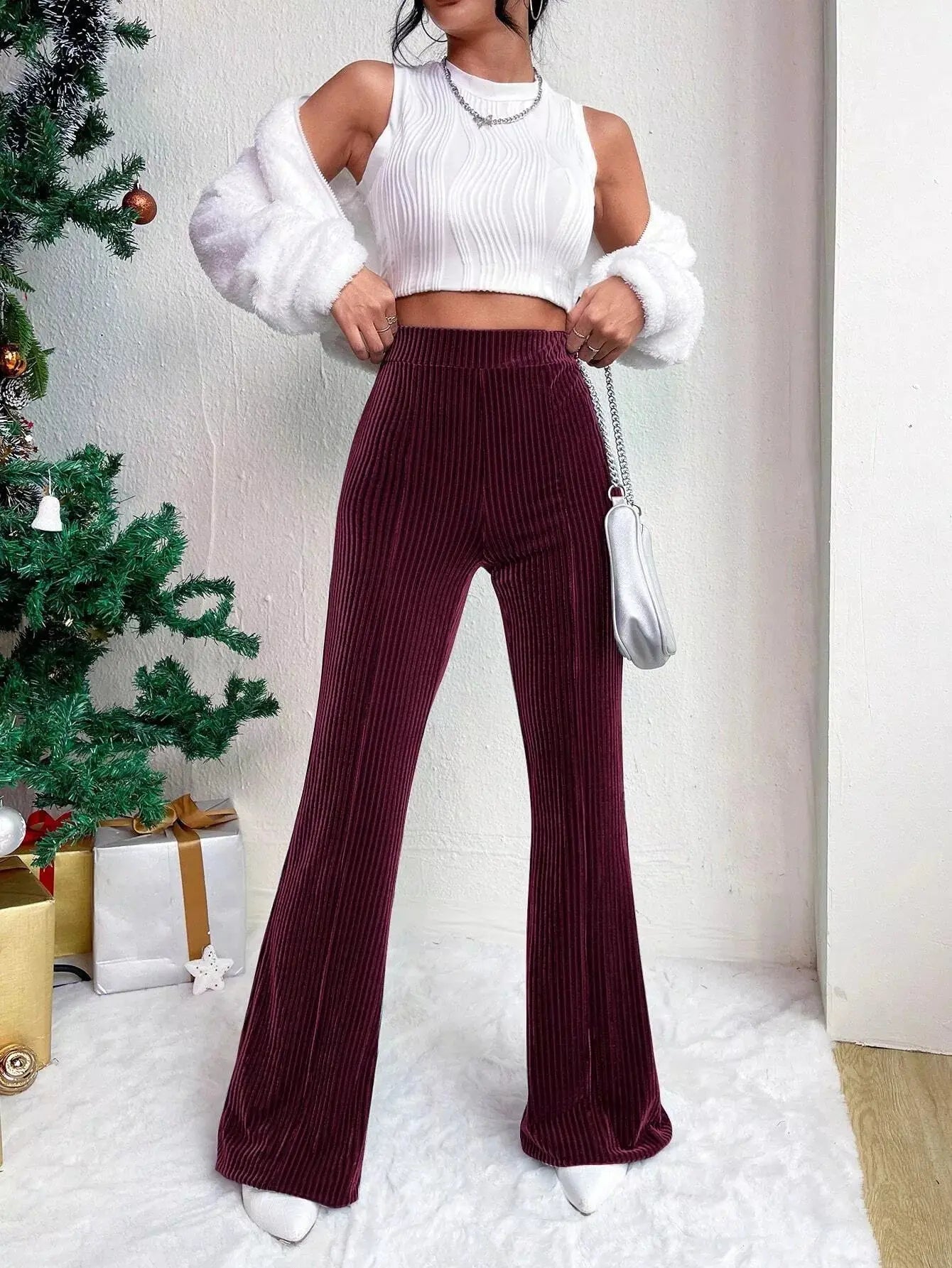 Womens Stretch Corduroy High Waist Wide Leg Flare Pants Simply Love