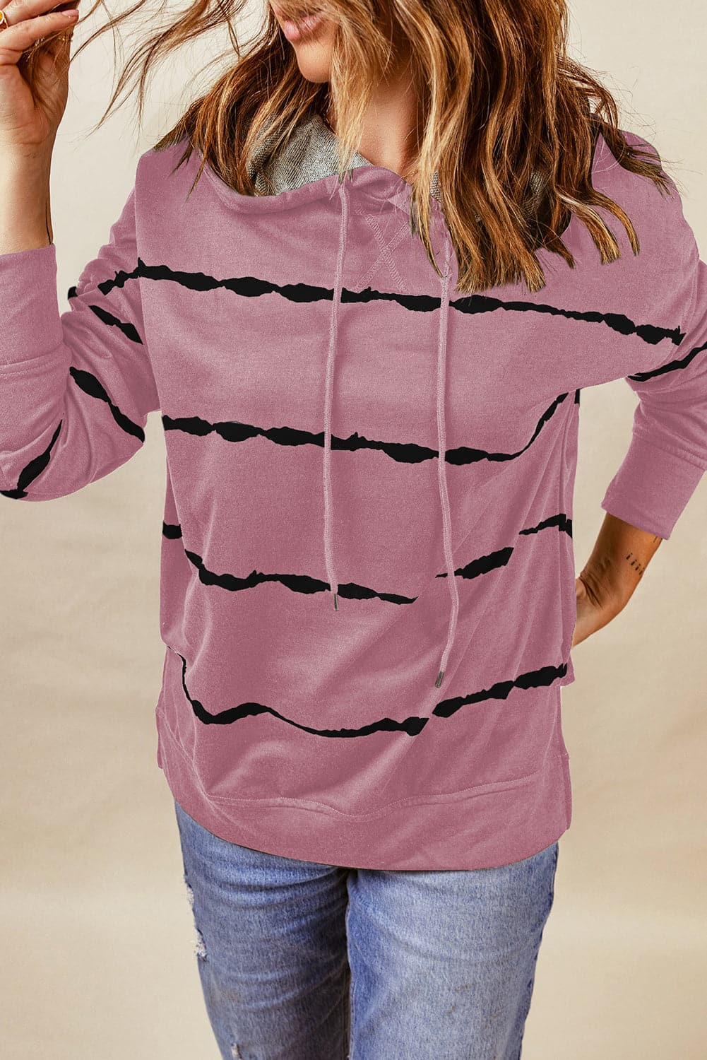 Drawstring Striped Dropped Shoulder Hoodie.