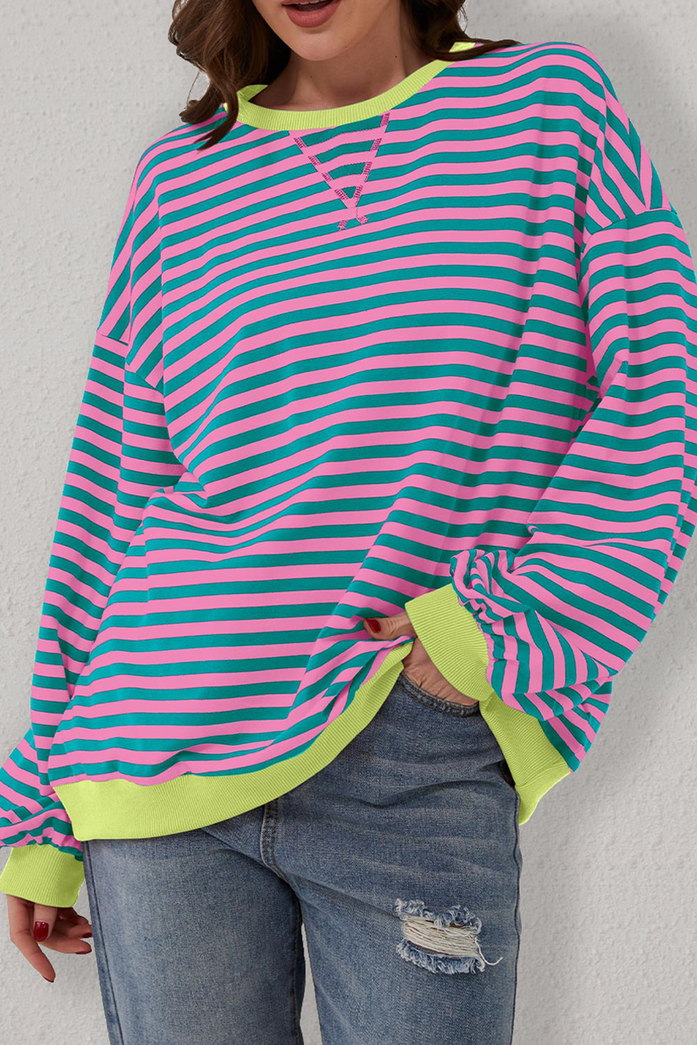 Trendy oversized green striped pullover