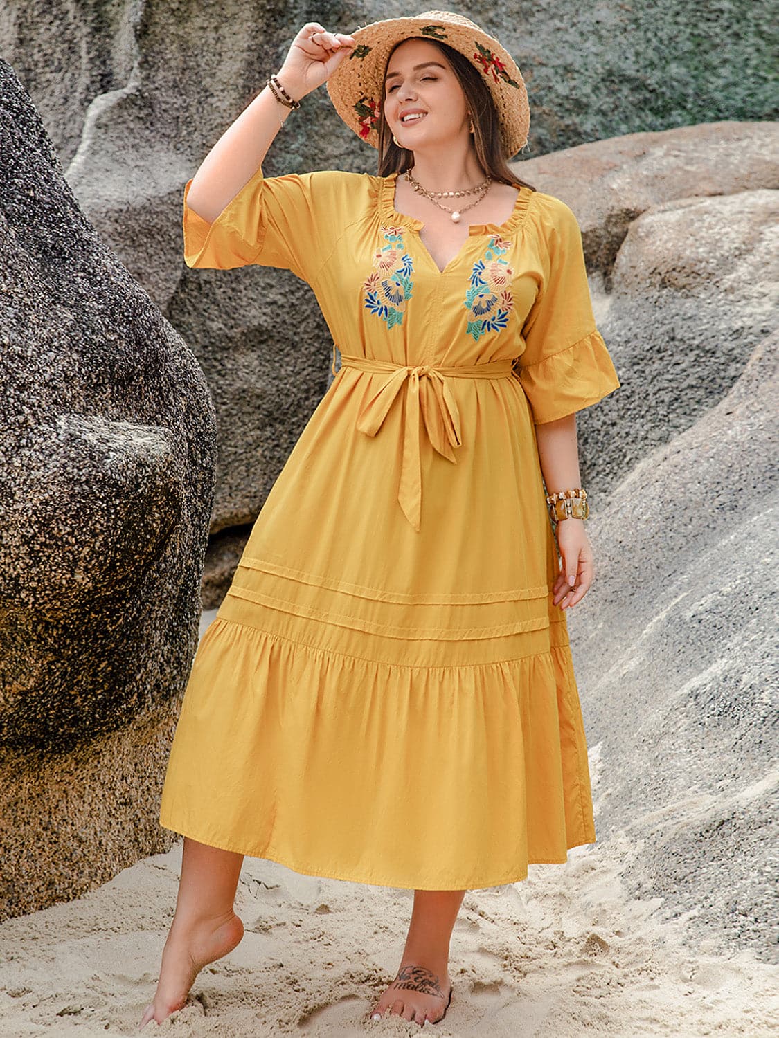 Plus Size Notched Tie Waist Half Sleeve Midi Dress.