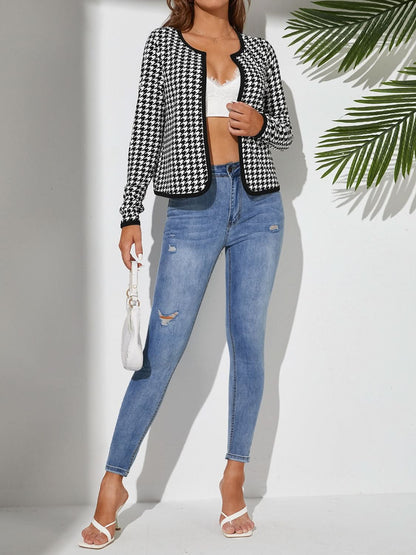 Chic houndstooth open front jacket