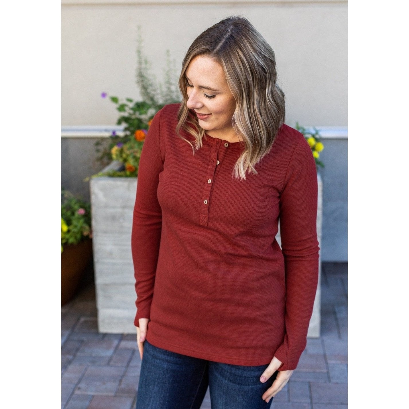 Rust Henley Shirt Women Long Sleeve With Thumb Holes Waffle Knit MM