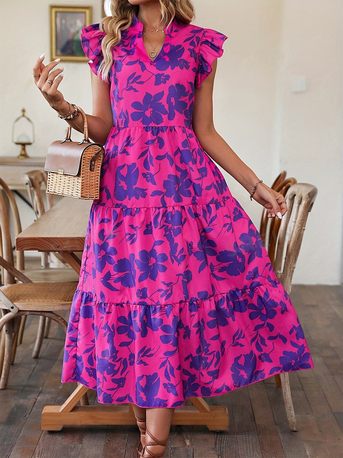 Chic floral midi dress with ruffles