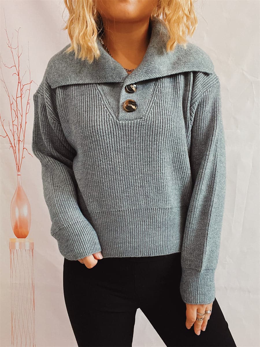 Statement Collar Half Button Sweater.